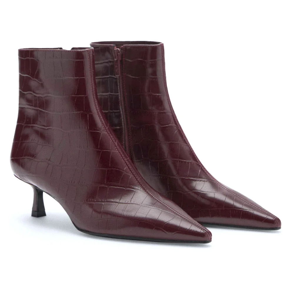 NEW MANGO MNG BURGUNDY COBI KITTEN HEEL CROC EFFECT ANKLE BOOTS BOOTIE 38 US 7.5